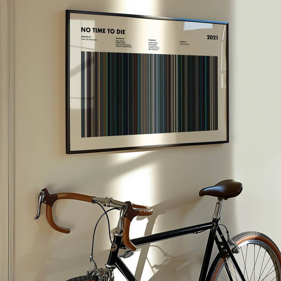 No Time to Die Movie Barcode Poster framed on the wall of a styled room setting