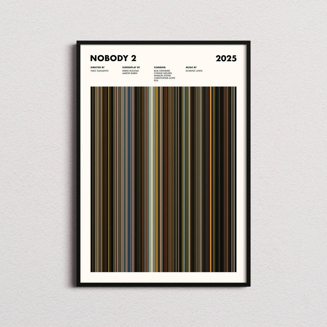 Nobody 2 Movie Barcode Poster framed on a plain studio wall