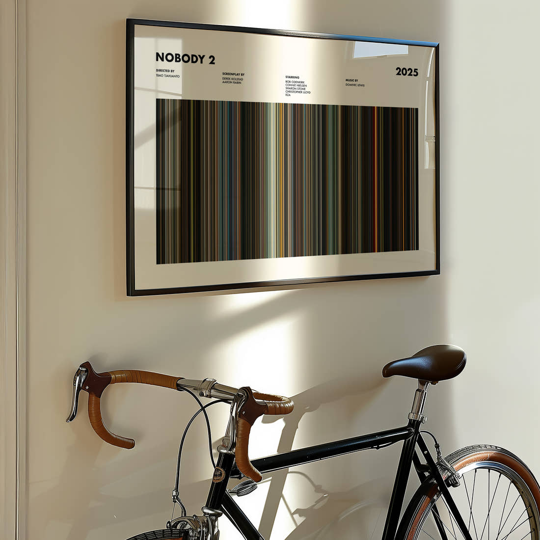 Nobody 2 Movie Barcode Poster framed on the wall of a styled room setting