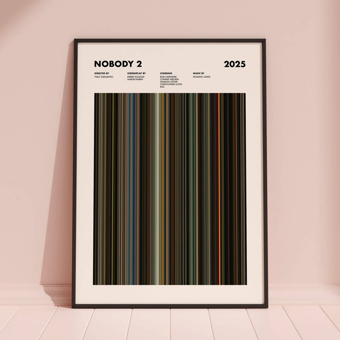 Nobody 2 Movie Barcode Poster framed and leaning against a coloured wall