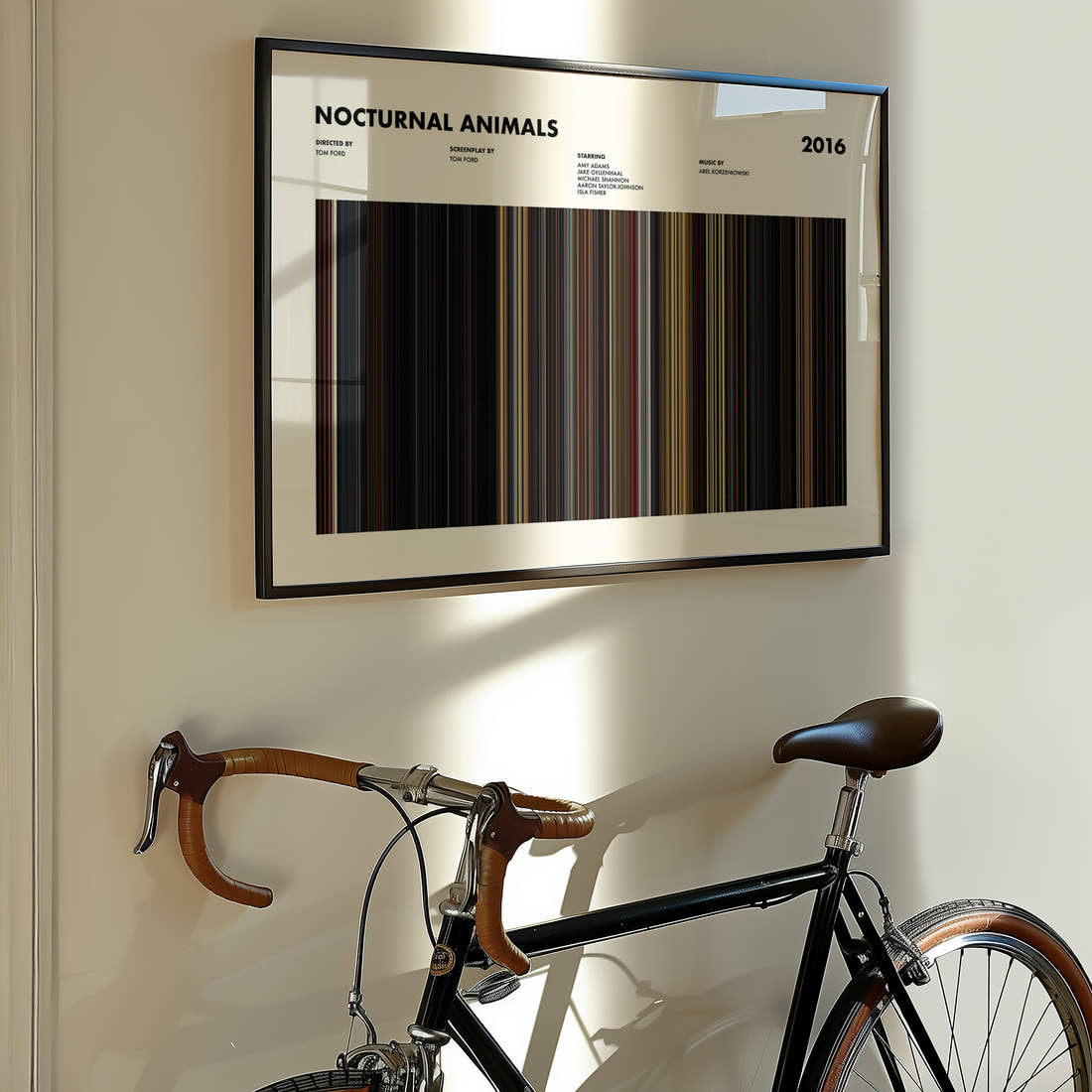 Nocturnal Animals Movie Barcode Poster framed on the wall of a styled room setting