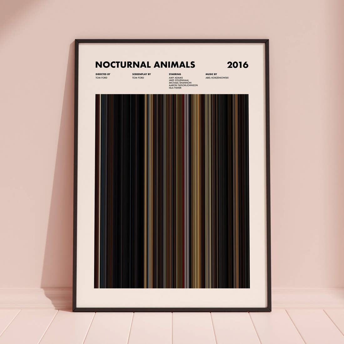 Nocturnal Animals Movie Barcode Poster framed and leaning against a coloured wall