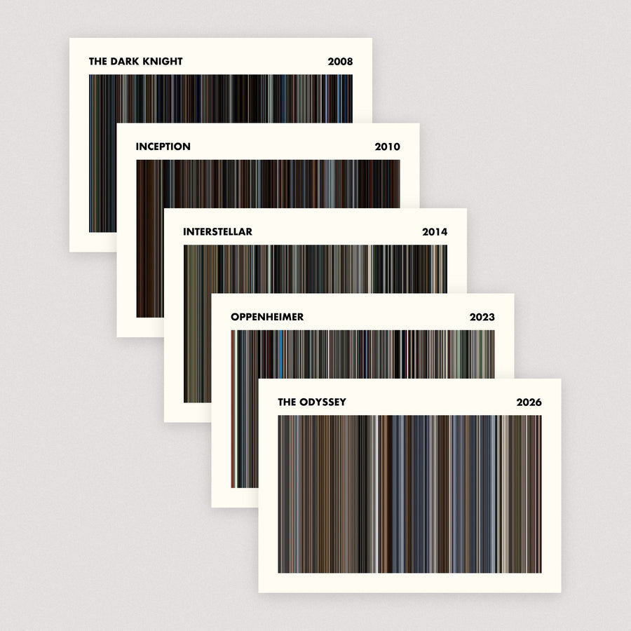 The Christopher Nolan Collection — Set of 5 A5 Movie Barcode Prints (Simplified layout)