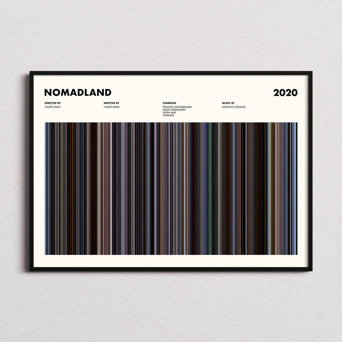 Nomadland Movie Barcode Poster framed and photographed straight on