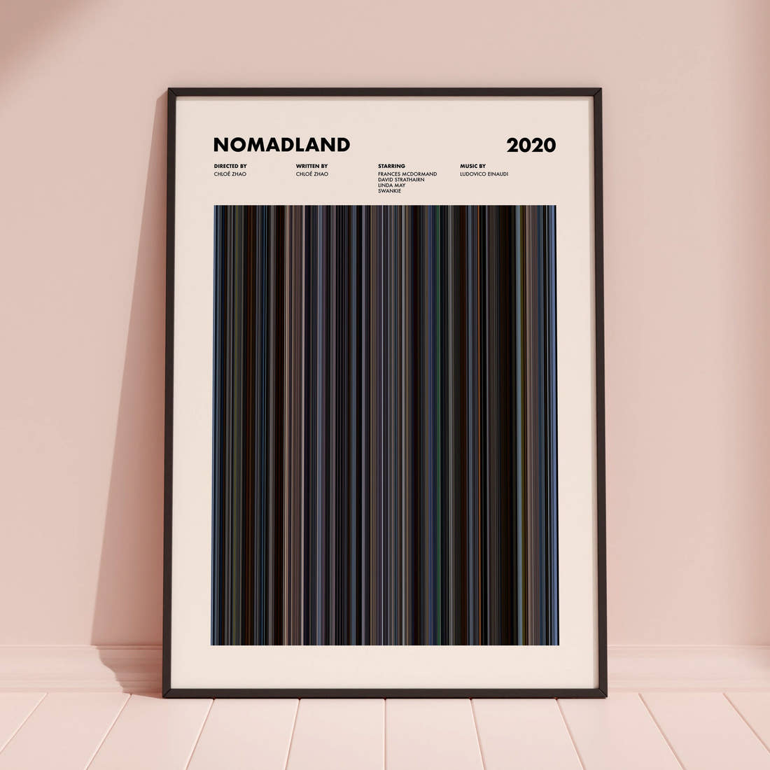 Nomadland Movie Barcode Poster framed and leaning against a coloured wall