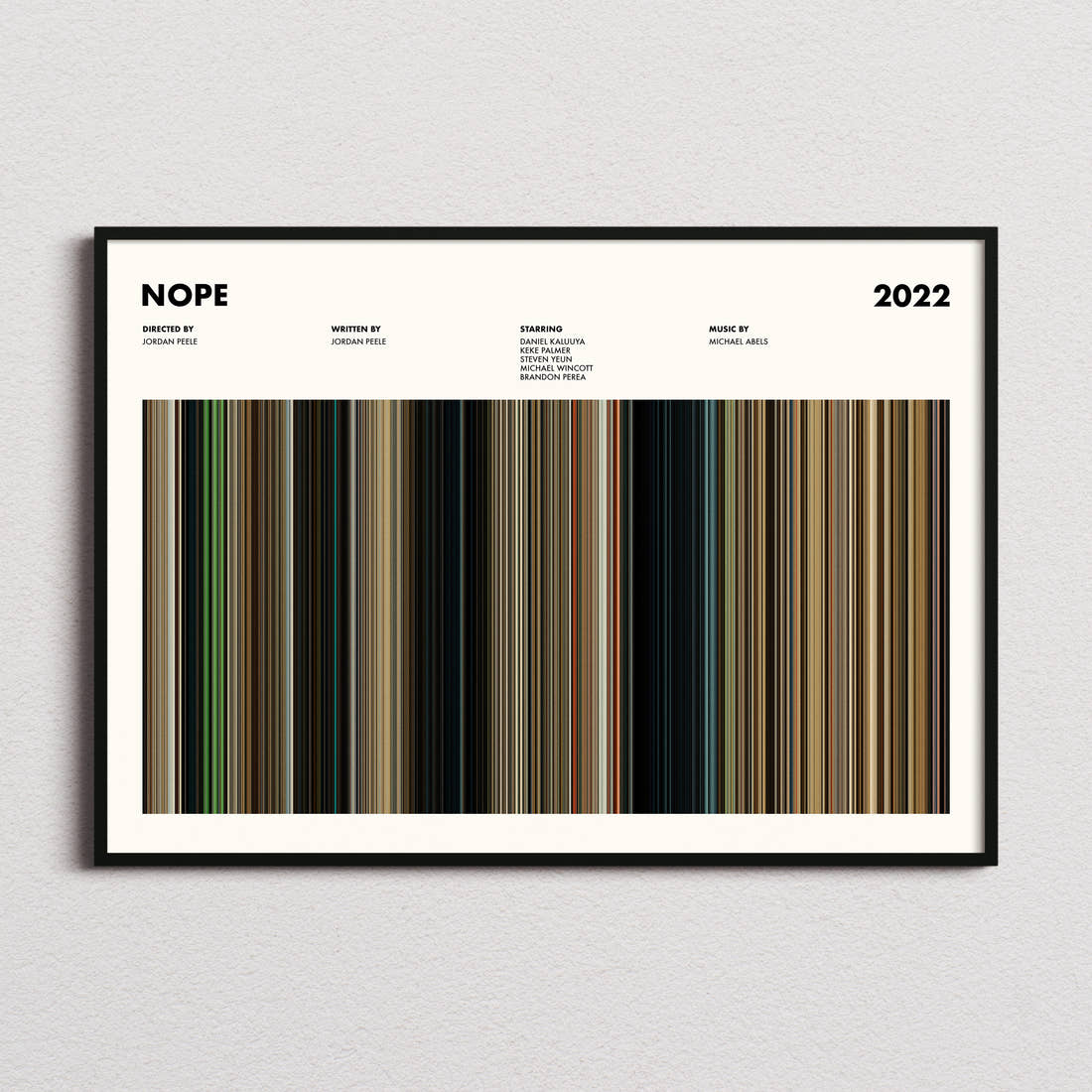 Nope Movie Barcode Poster framed and photographed straight on
