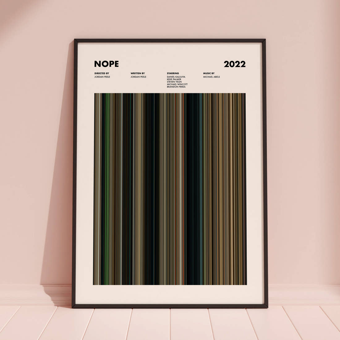 Nope Movie Barcode Poster framed and leaning against a coloured wall