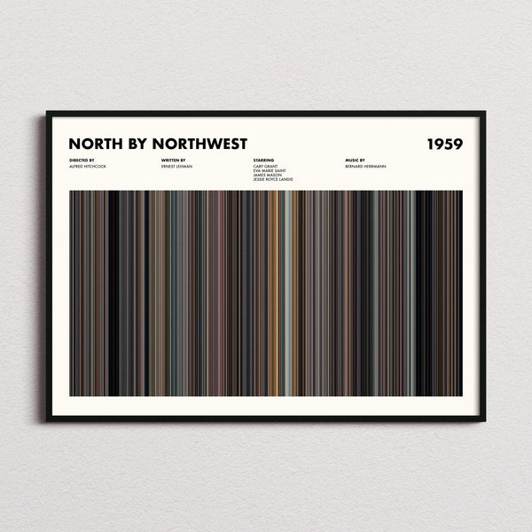 North By Northwest Movie Barcode Poster framed and photographed straight on