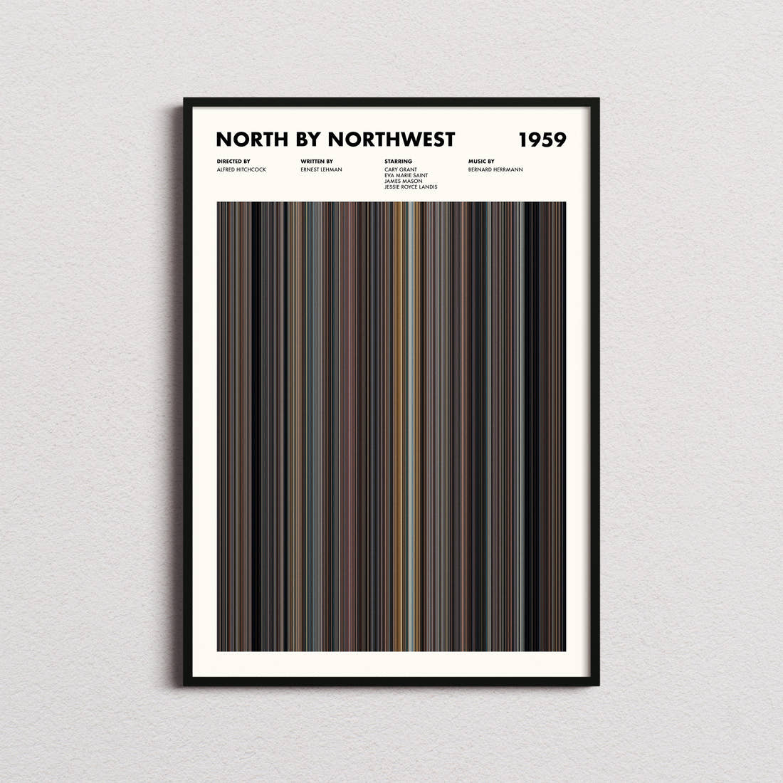 North By Northwest Movie Barcode Poster framed on a plain studio wall