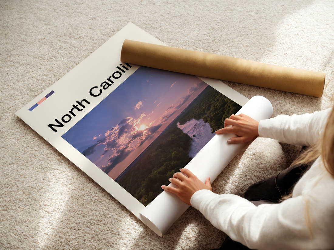 North Carolina River At Dusk Travel Print being unrolled from its postal tube