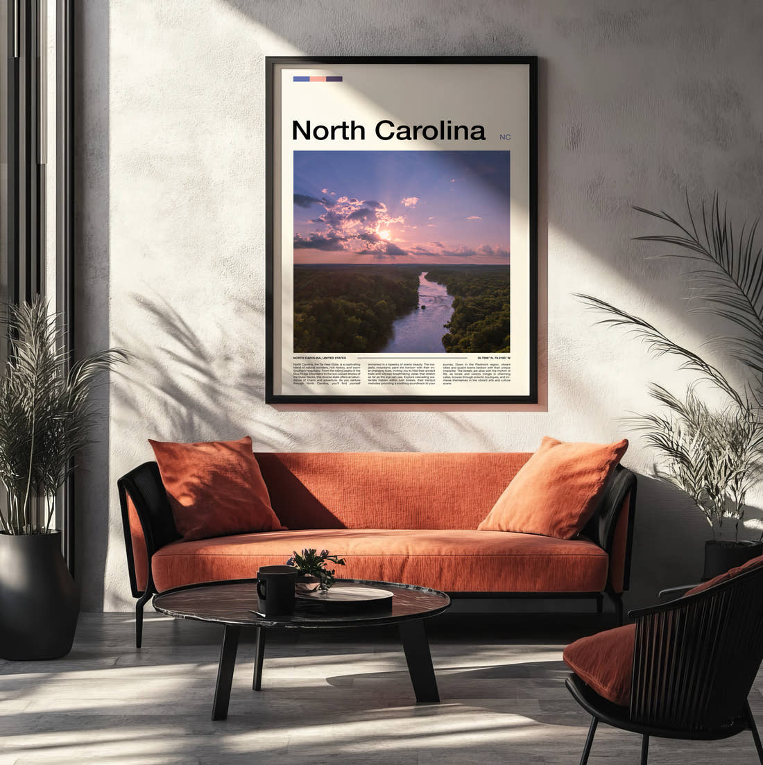 North Carolina River At Dusk Travel Print framed on the wall of a modern living room