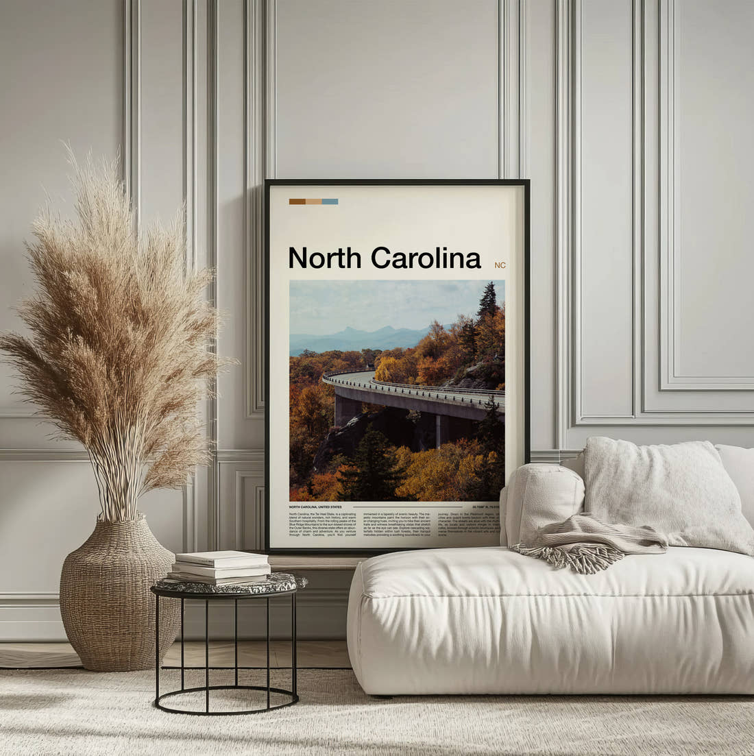 North Carolina Linn Cove Viaduct Travel Print framed on the wall of a calm, neutral bedroom