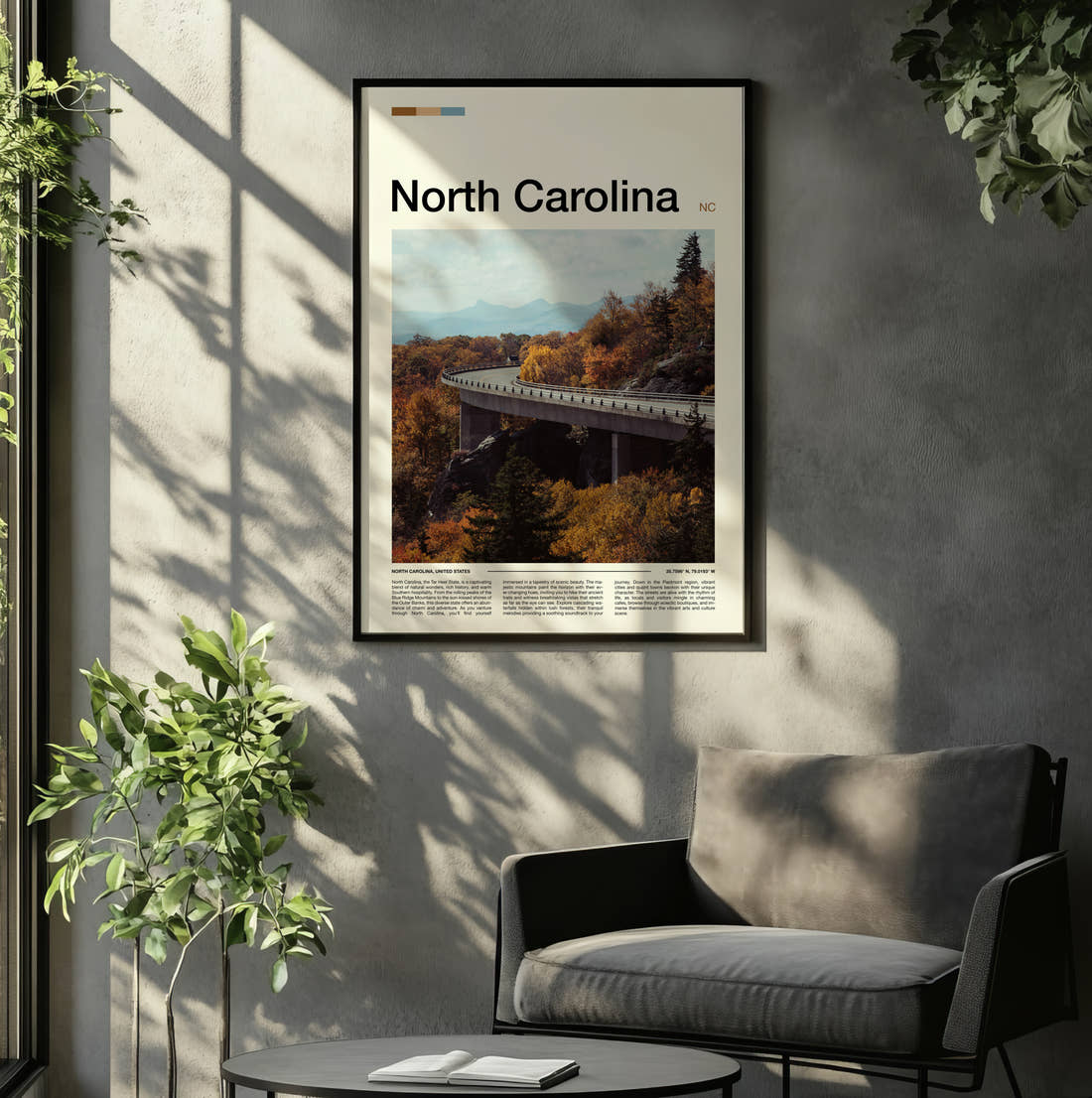 North Carolina Linn Cove Viaduct Travel Print framed on the wall of a relaxed living room