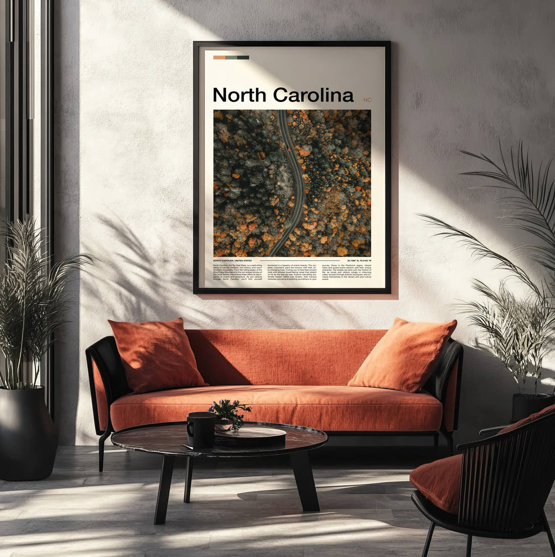 North Carolina Road Through Autumn Forest Travel Print framed on the wall of a modern living room