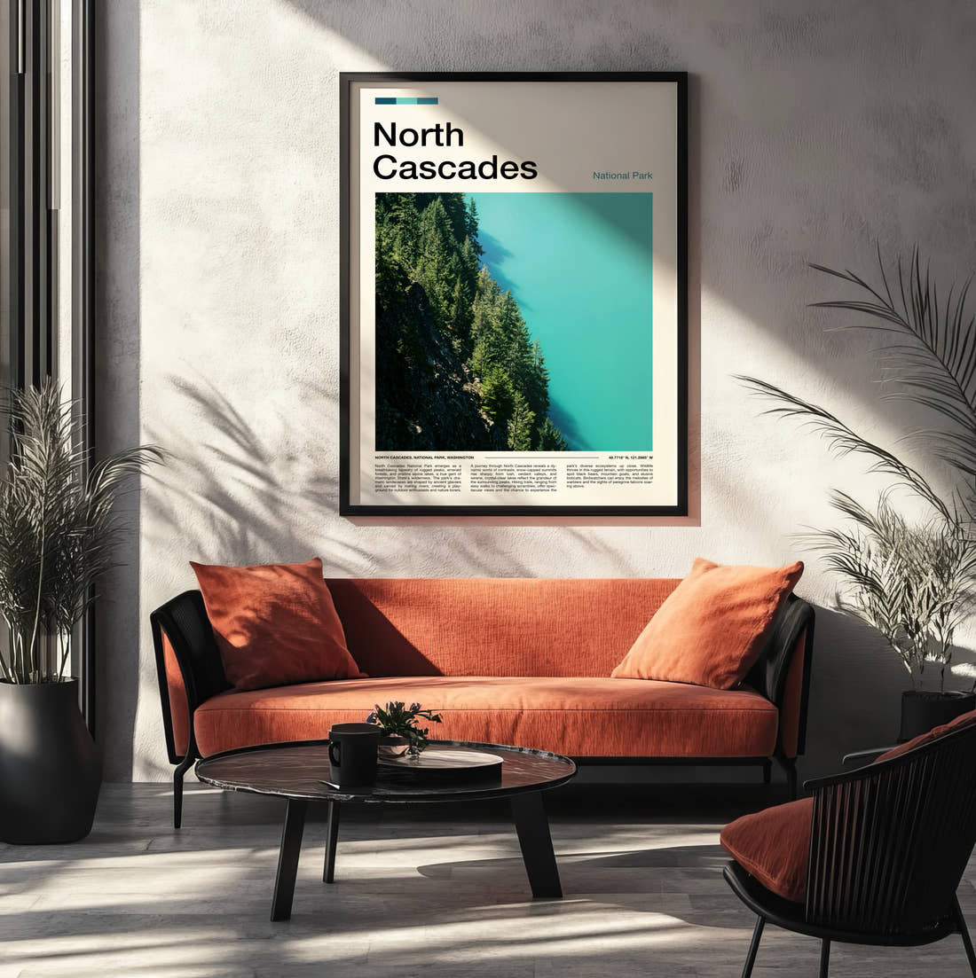 North Cascades Turquoise Lake And Forest Travel Print framed on the wall of a modern living room