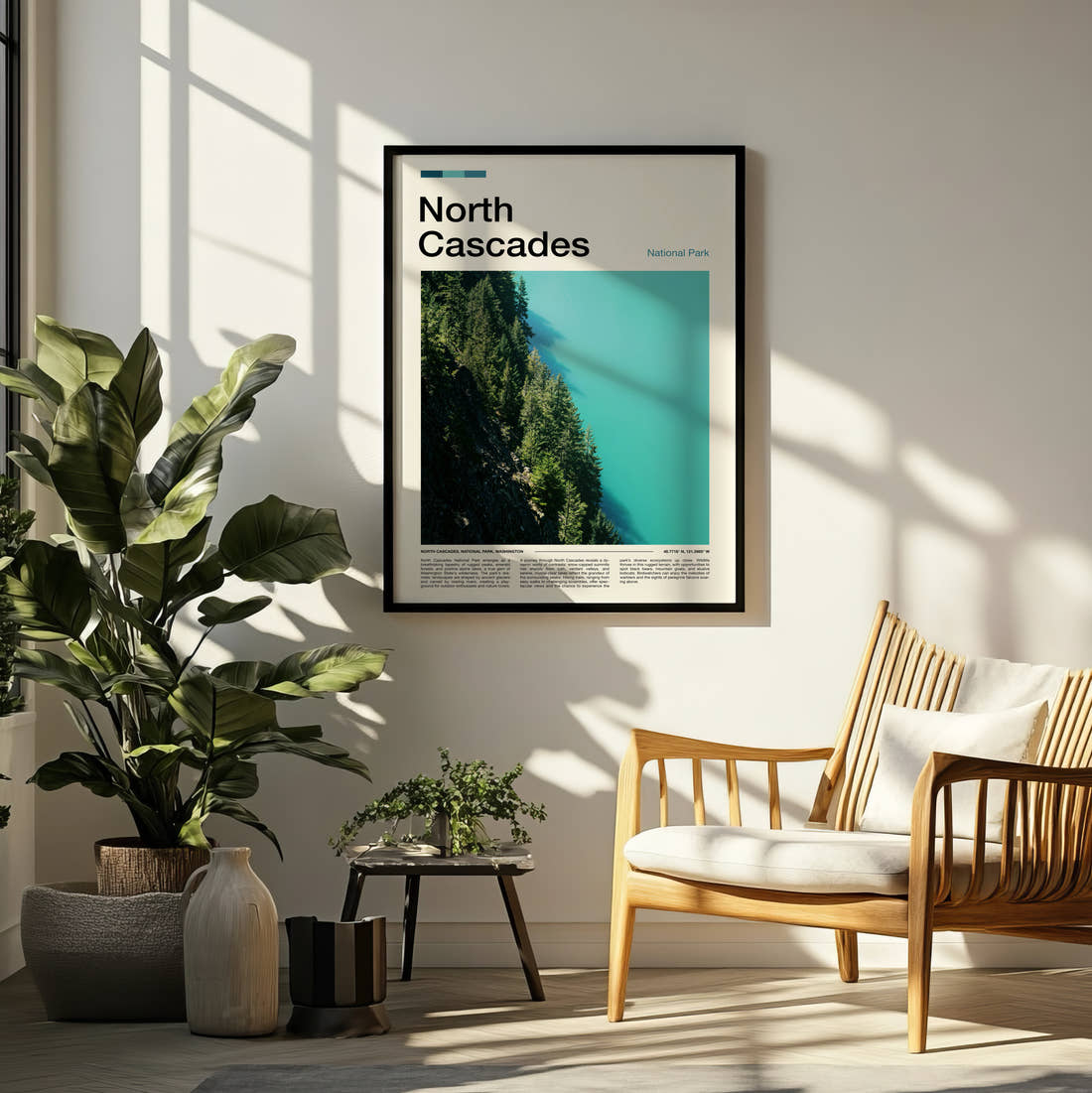 North Cascades Turquoise Lake And Forest Travel Print framed on a pale wall beside houseplants