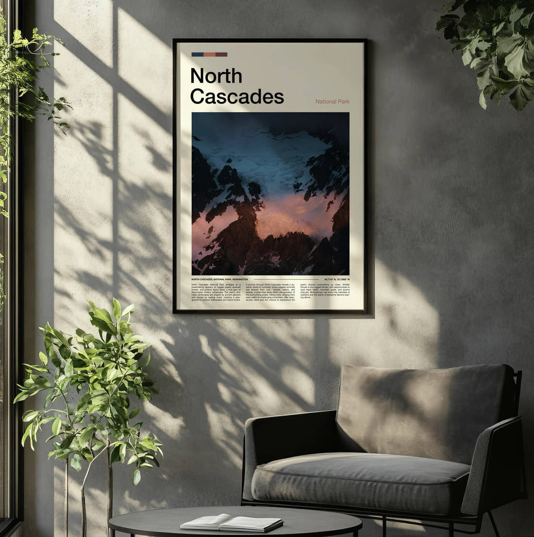 North Cascades Mount Shuksan Travel Print framed on the wall of a relaxed living room