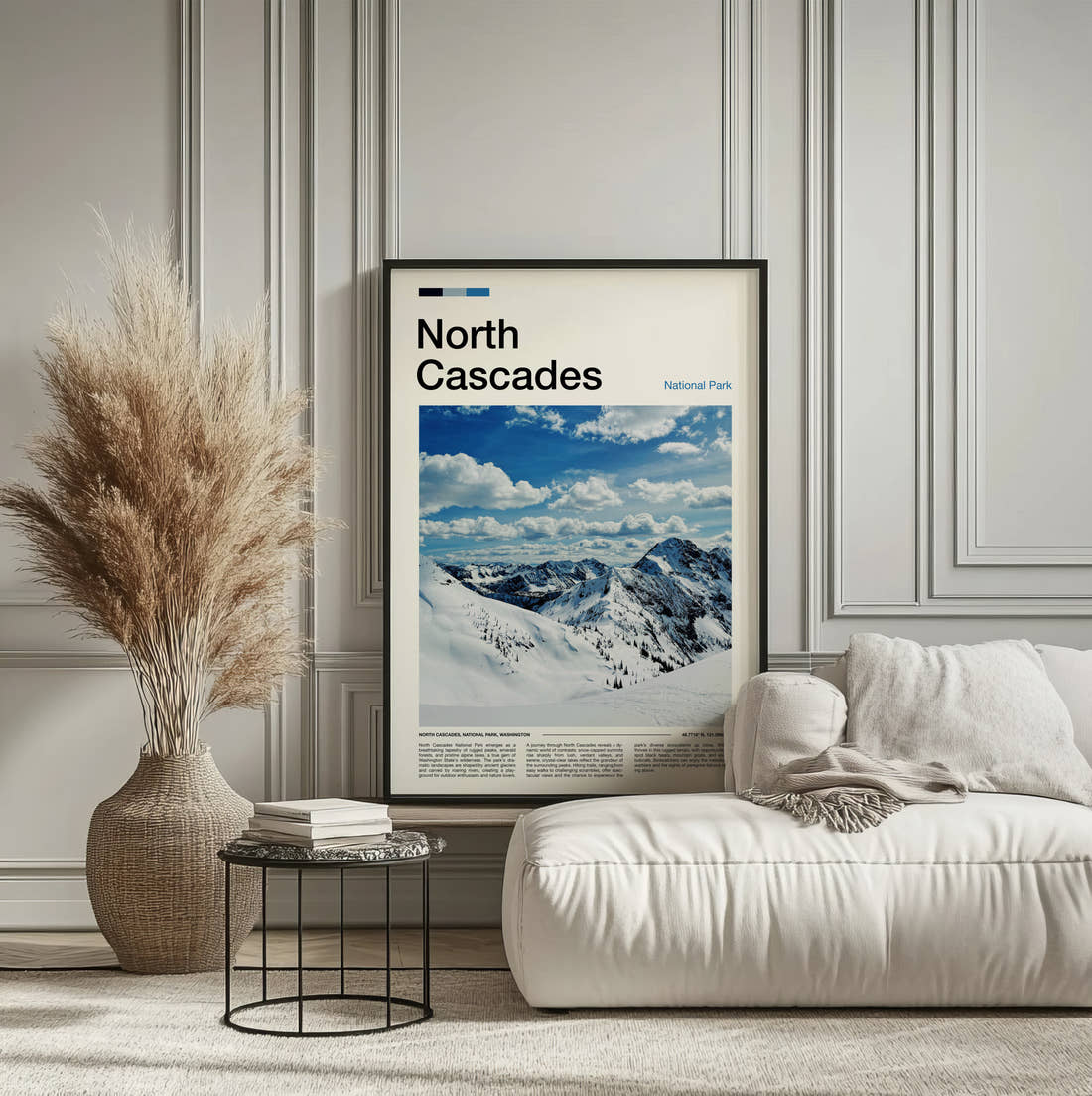 North Cascades Snowy Mountain Peaks Travel Print framed on the wall of a calm, neutral bedroom