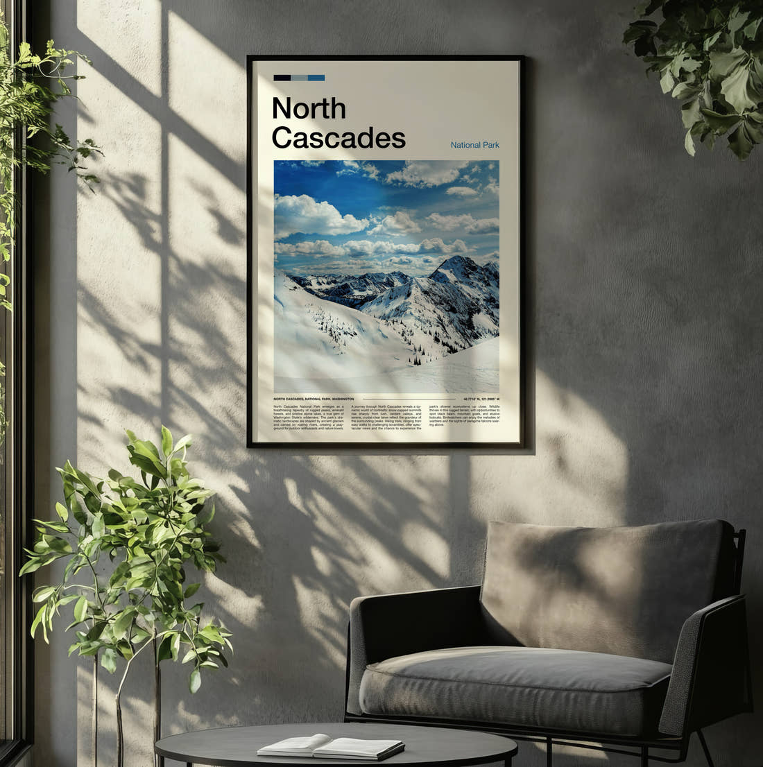 North Cascades Snowy Mountain Peaks Travel Print framed on the wall of a relaxed living room