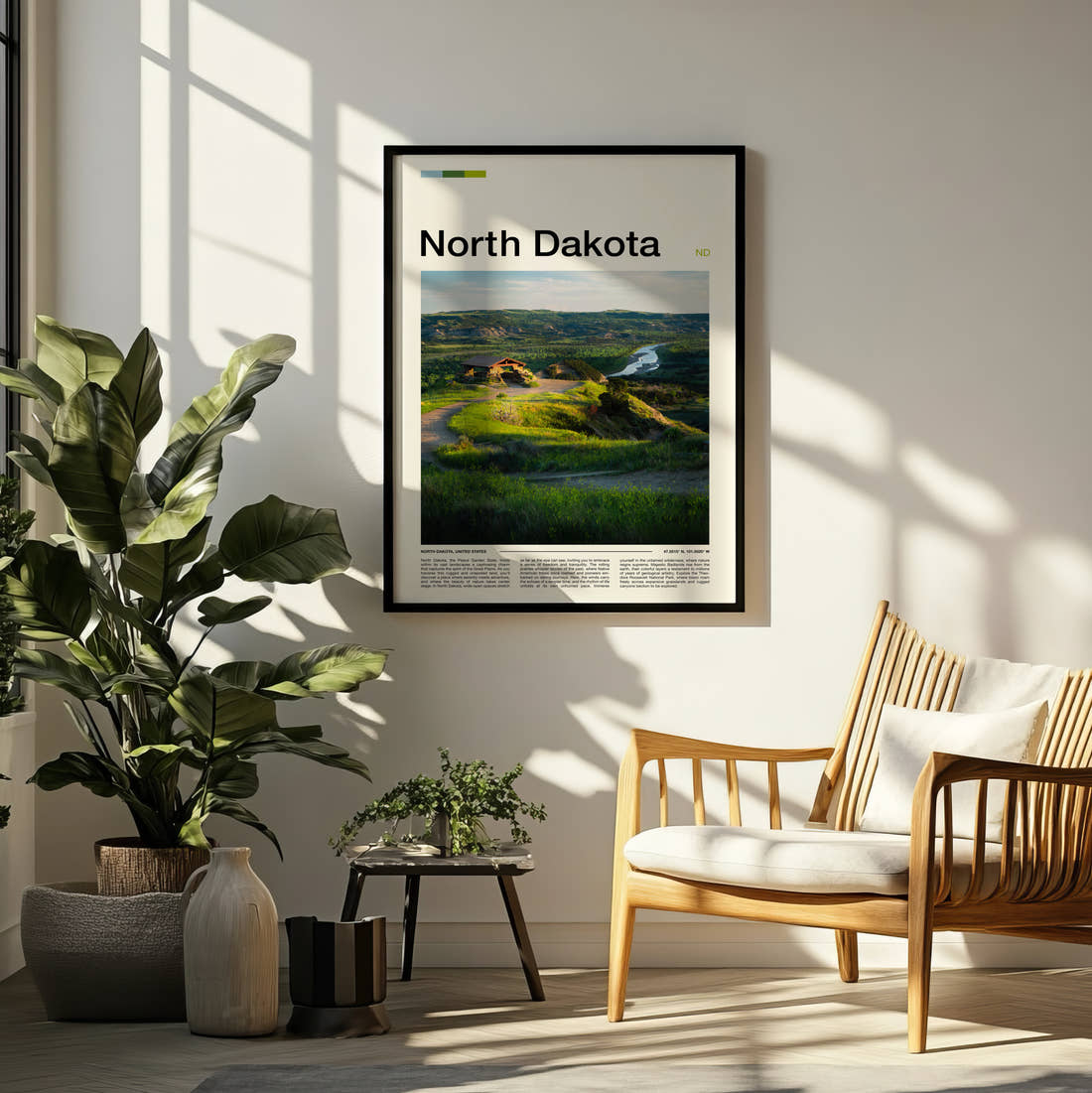 North Dakota Green Hills And River Travel Print framed on a pale wall beside houseplants