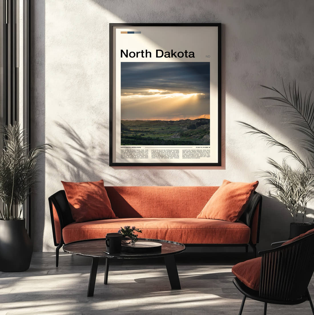 North Dakota Sunbeams Over The Plains Travel Print framed on the wall of a modern living room