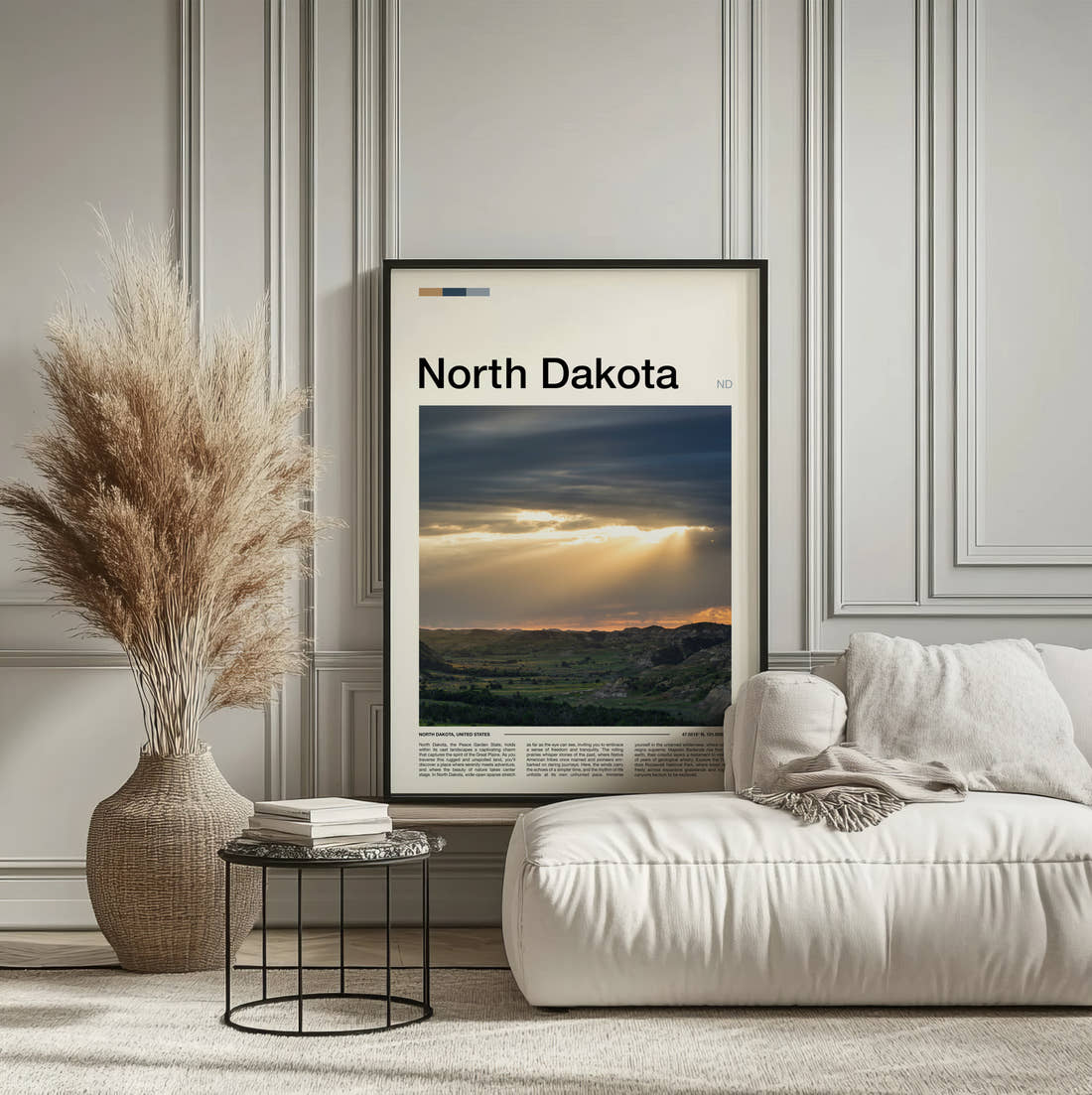 North Dakota Sunbeams Over The Plains Travel Print framed on the wall of a calm, neutral bedroom