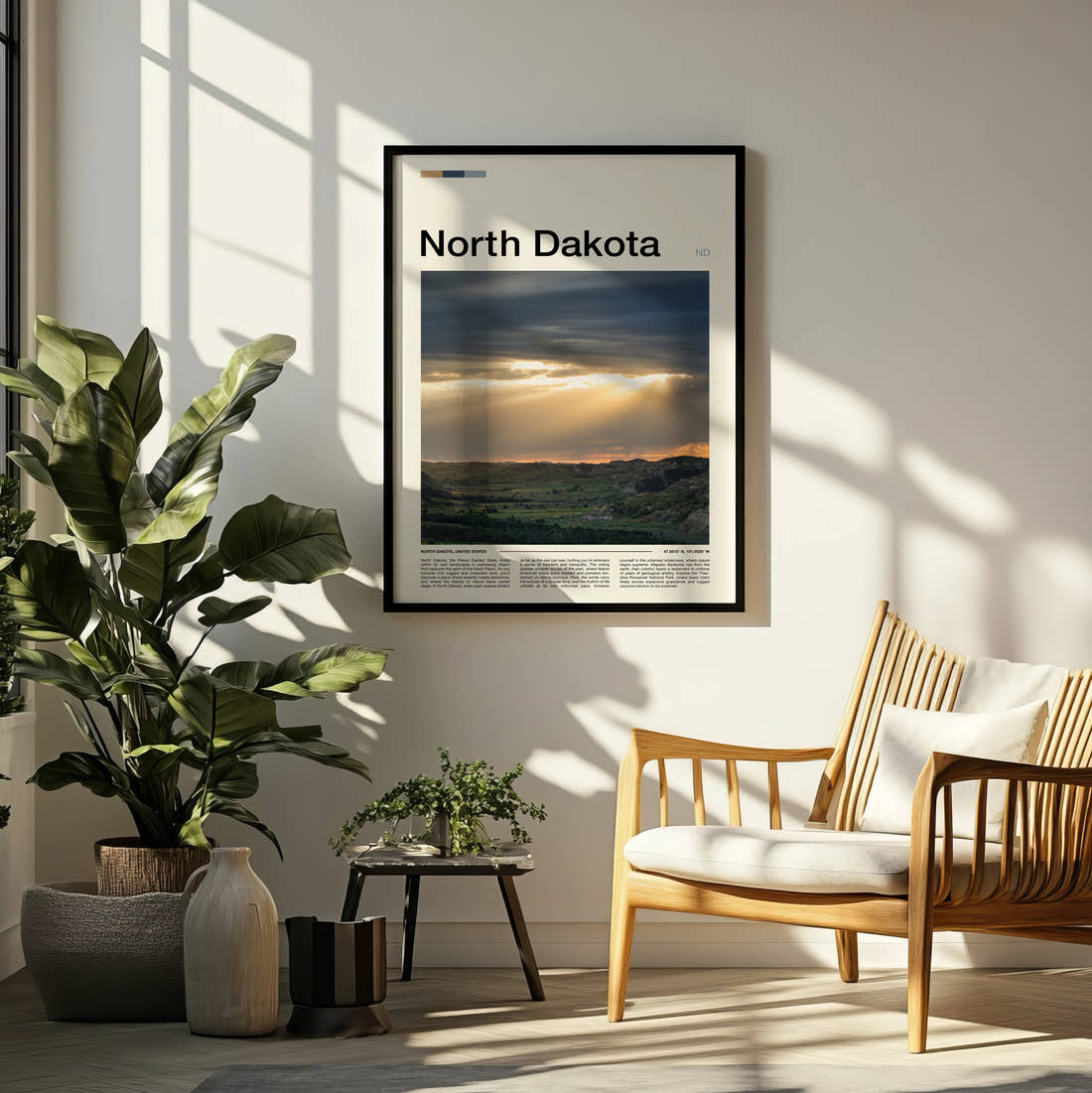 North Dakota Sunbeams Over The Plains Travel Print framed on a pale wall beside houseplants