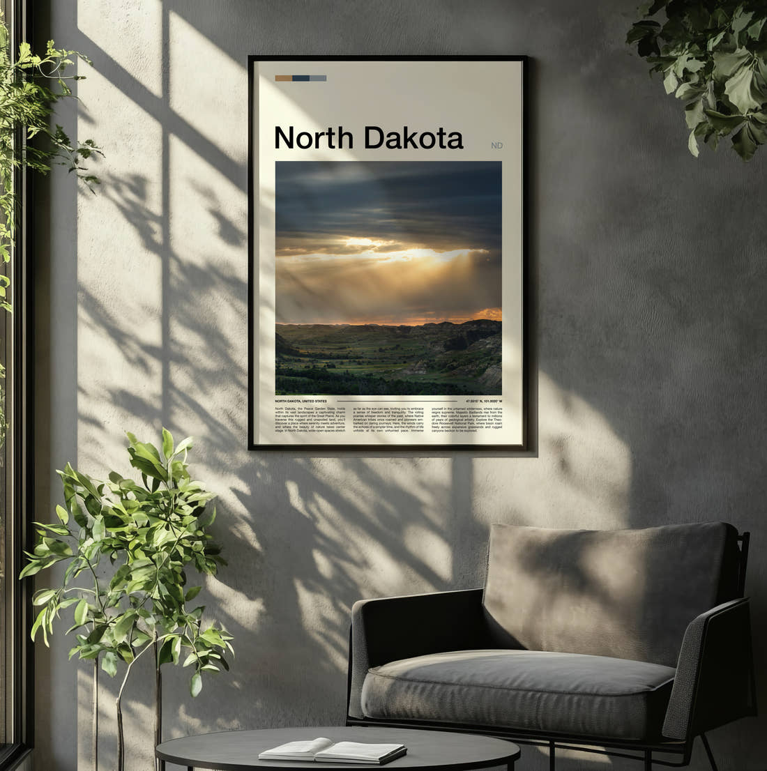 North Dakota Sunbeams Over The Plains Travel Print framed on the wall of a relaxed living room