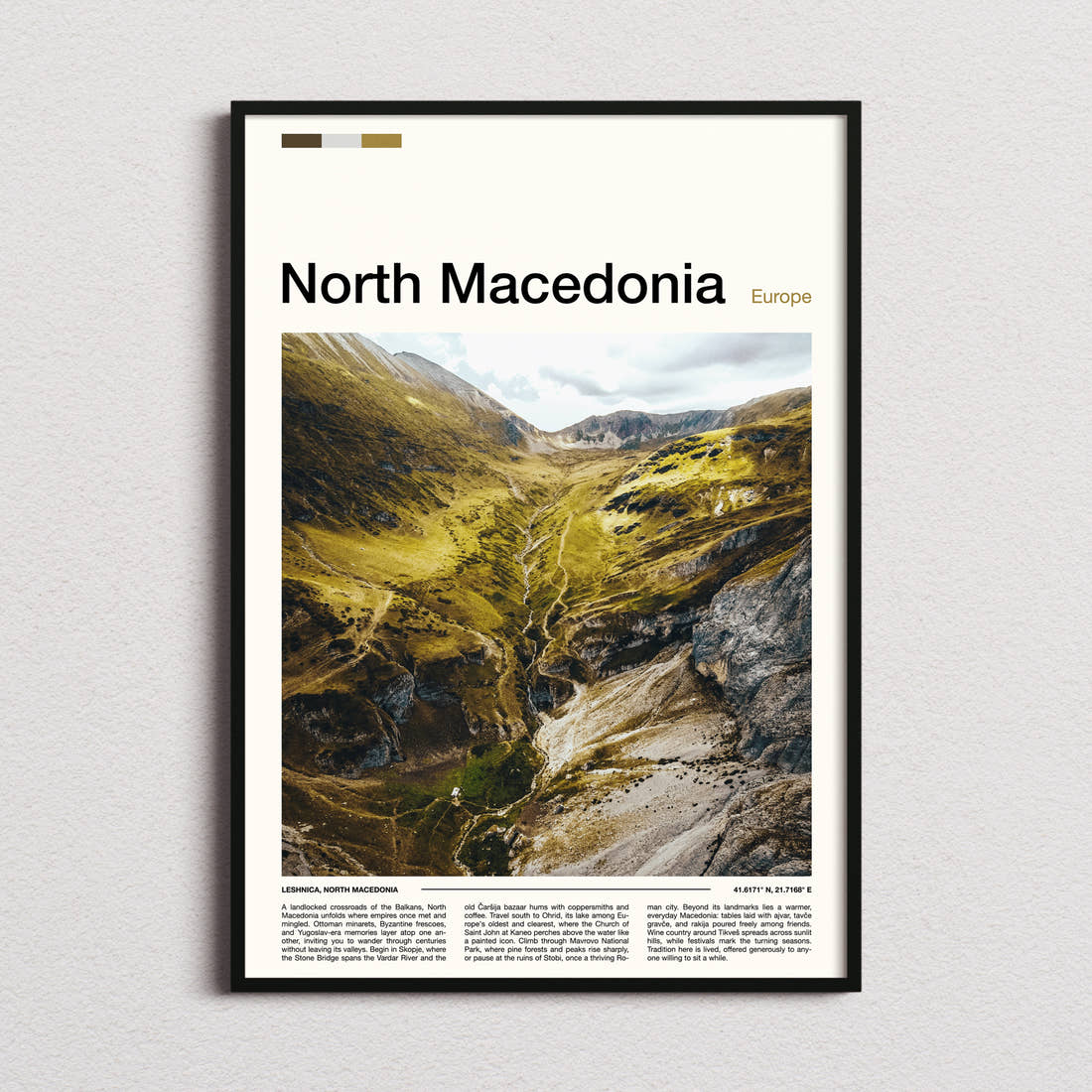 North Macedonia Green Mountain Valley Travel Print framed and photographed straight on