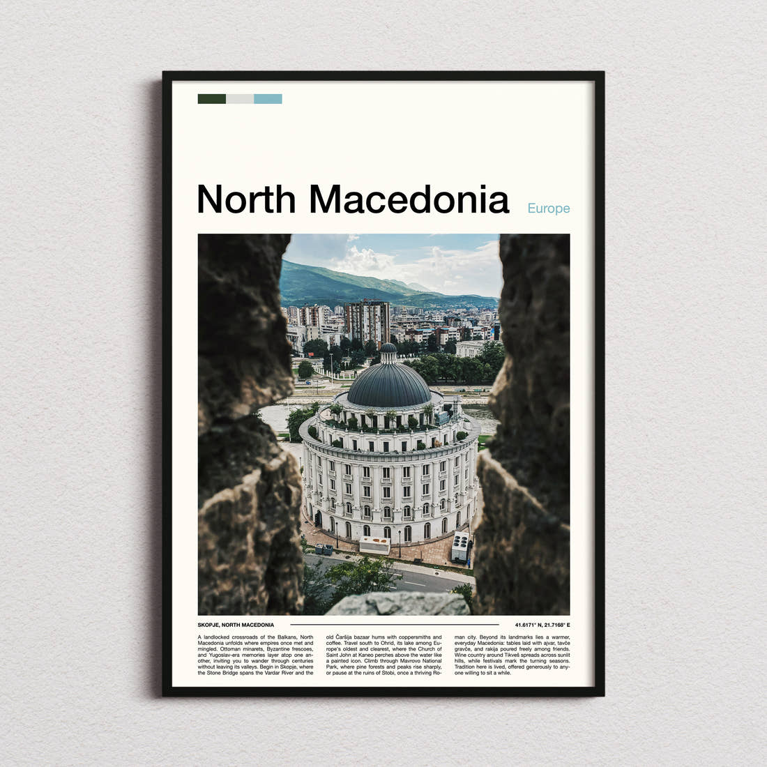 North Macedonia Domed Building Aerial Travel Print framed and photographed straight on