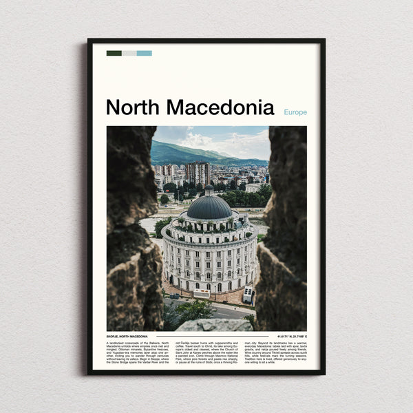 North Macedonia Domed Building Aerial Travel Print framed and photographed straight on