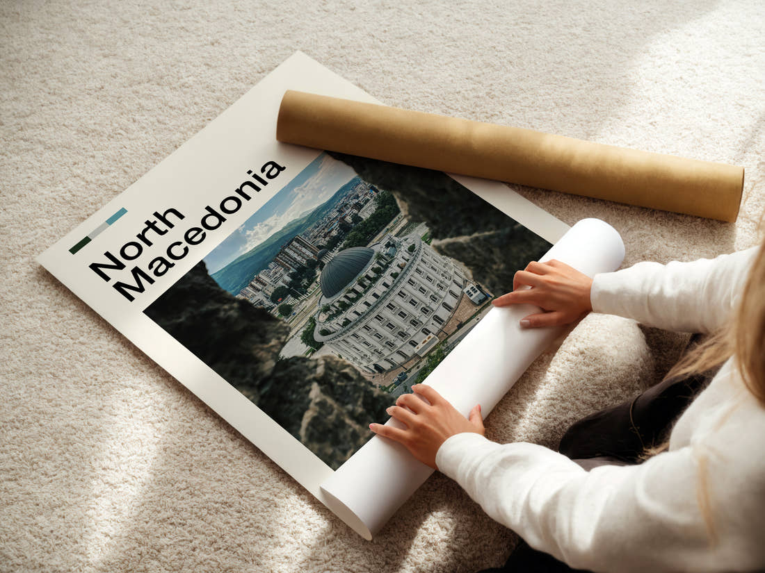 North Macedonia Domed Building View Travel Print being unrolled from its postal tube
