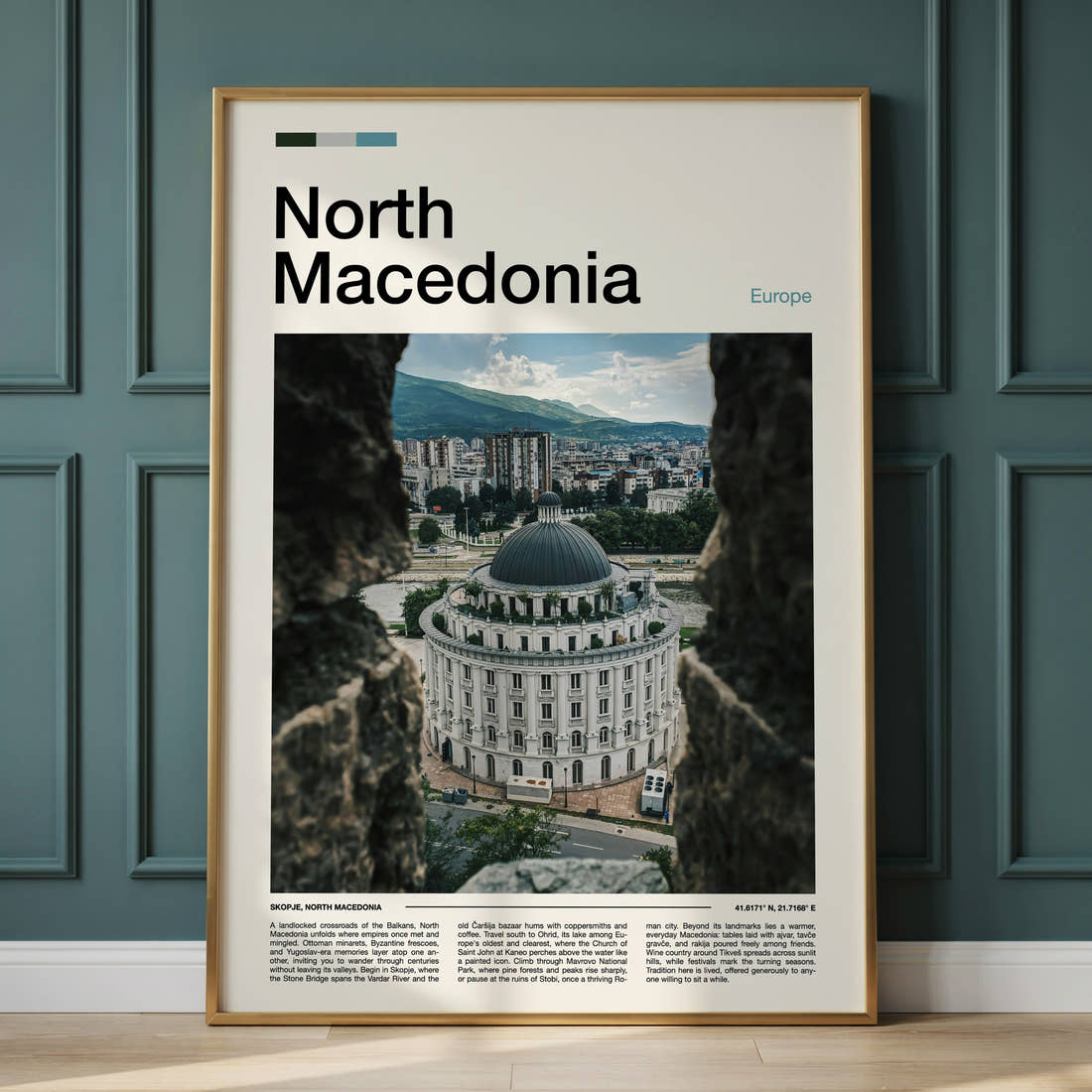 North Macedonia Domed Building View Travel Print framed on the wall of a calm, neutral bedroom