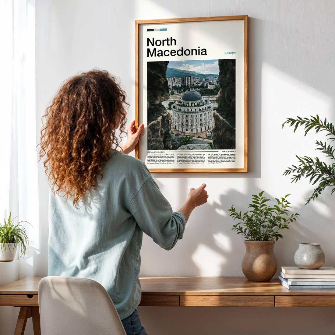 North Macedonia Domed Building View Travel Print framed on a pale wall beside houseplants