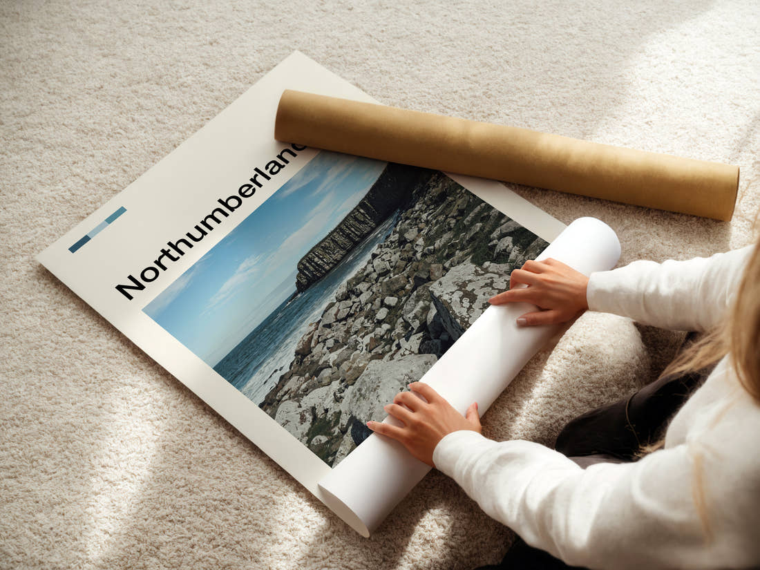 Northumberland Rocky Coastal Cliffs Travel Print being unrolled from its postal tube
