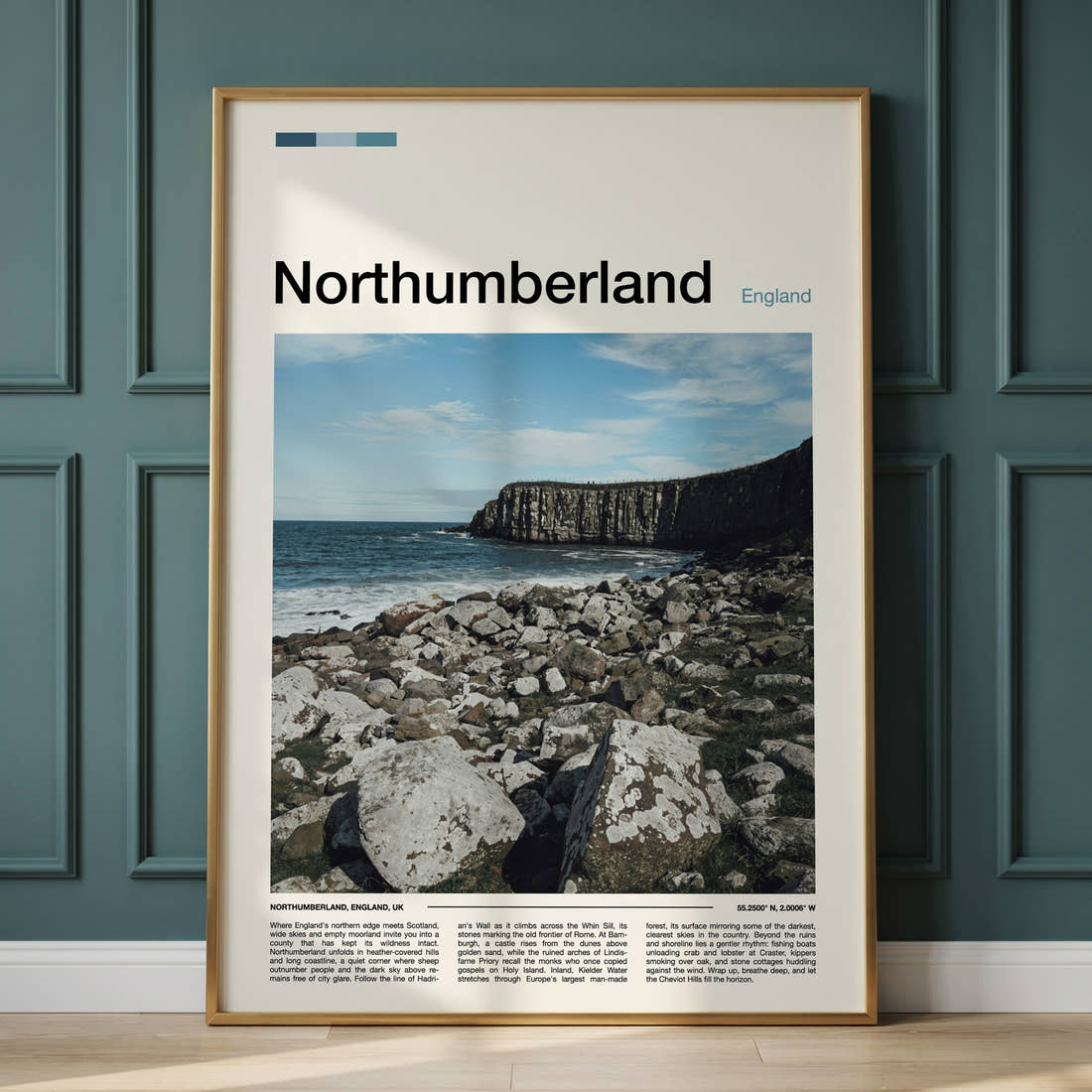 Northumberland Rocky Coastal Cliffs Travel Print framed on the wall of a calm, neutral bedroom
