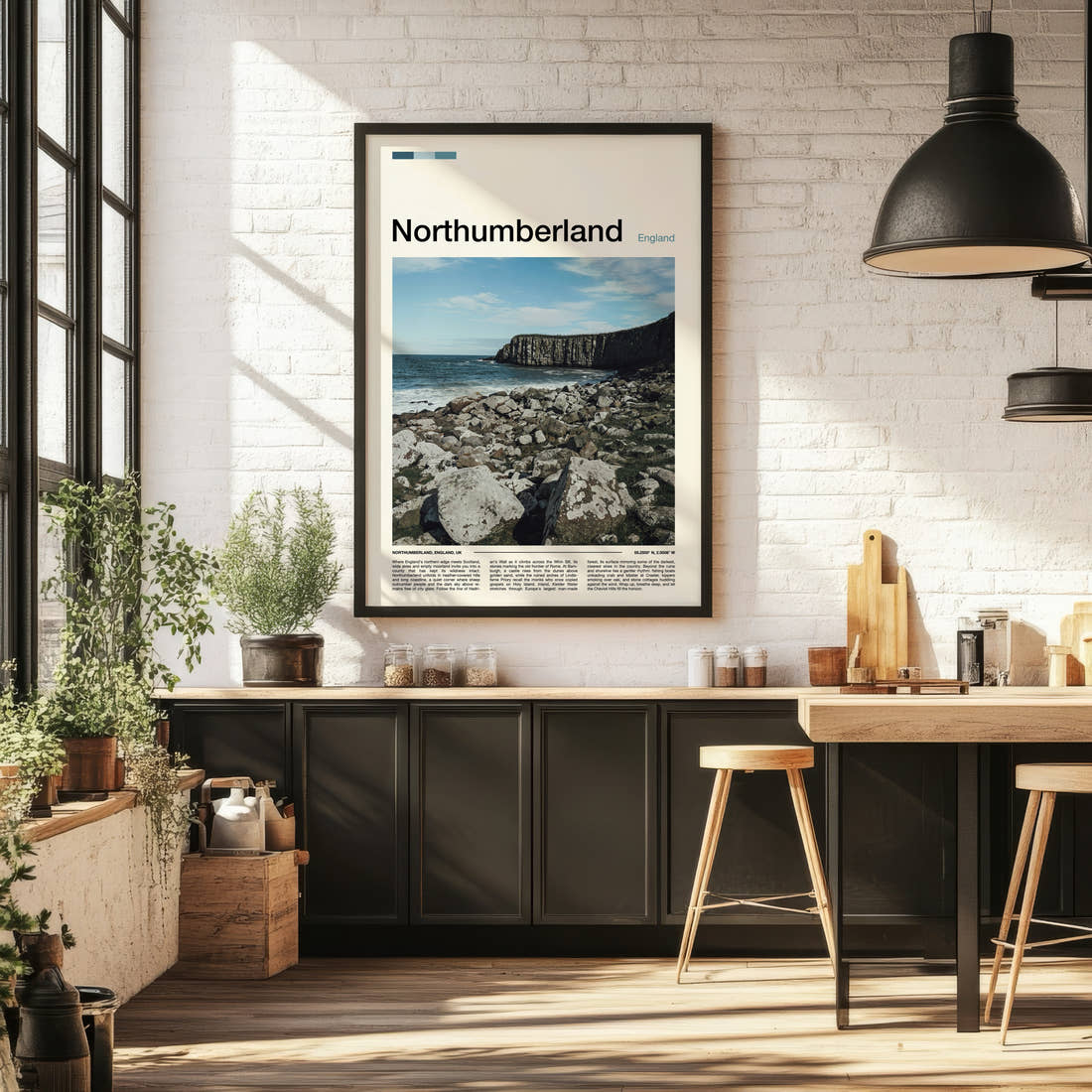 Northumberland Rocky Coastal Cliffs Travel Print framed on the wall of a bright kitchen and dining space