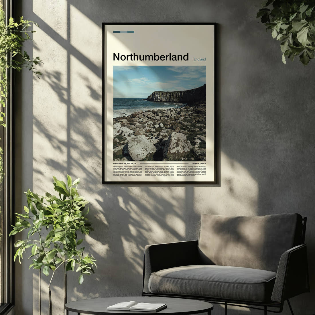 Northumberland Rocky Coastal Cliffs Travel Print framed on the wall of a relaxed living room