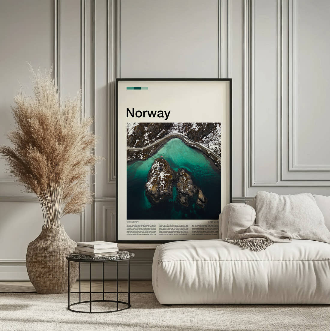 Norway Turquoise Water And Islets Travel Print framed on the wall of a calm, neutral bedroom