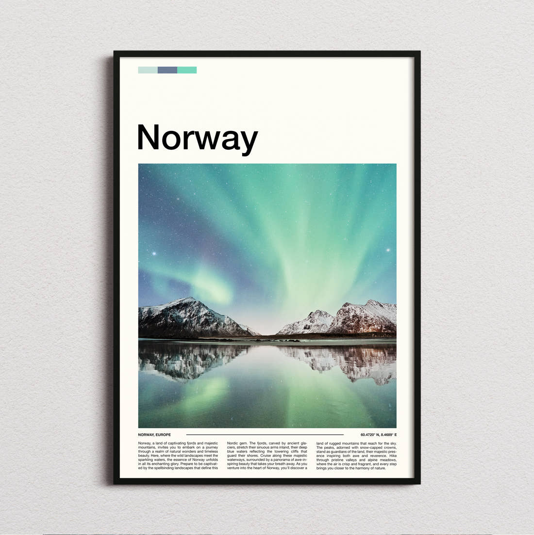 Norway Northern Lights Reflected Travel Print framed and photographed straight on