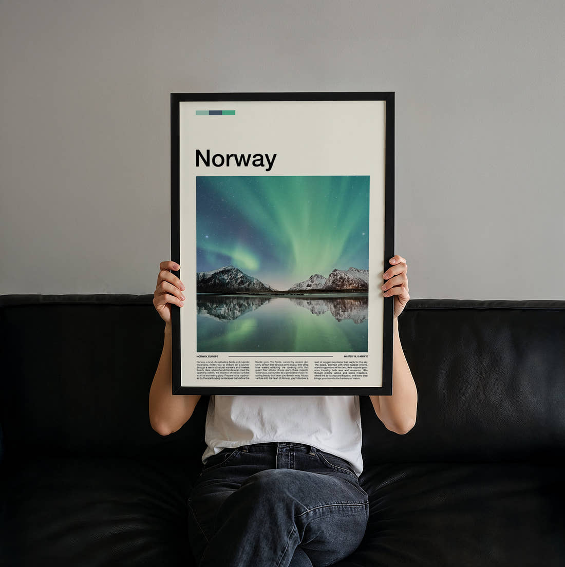 Norway Northern Lights Reflected Travel Print held up by hand to show the size of the print