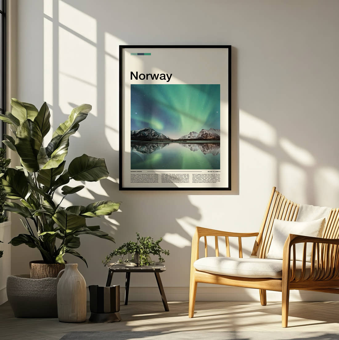 Norway Northern Lights Reflected Travel Print framed on a pale wall beside houseplants