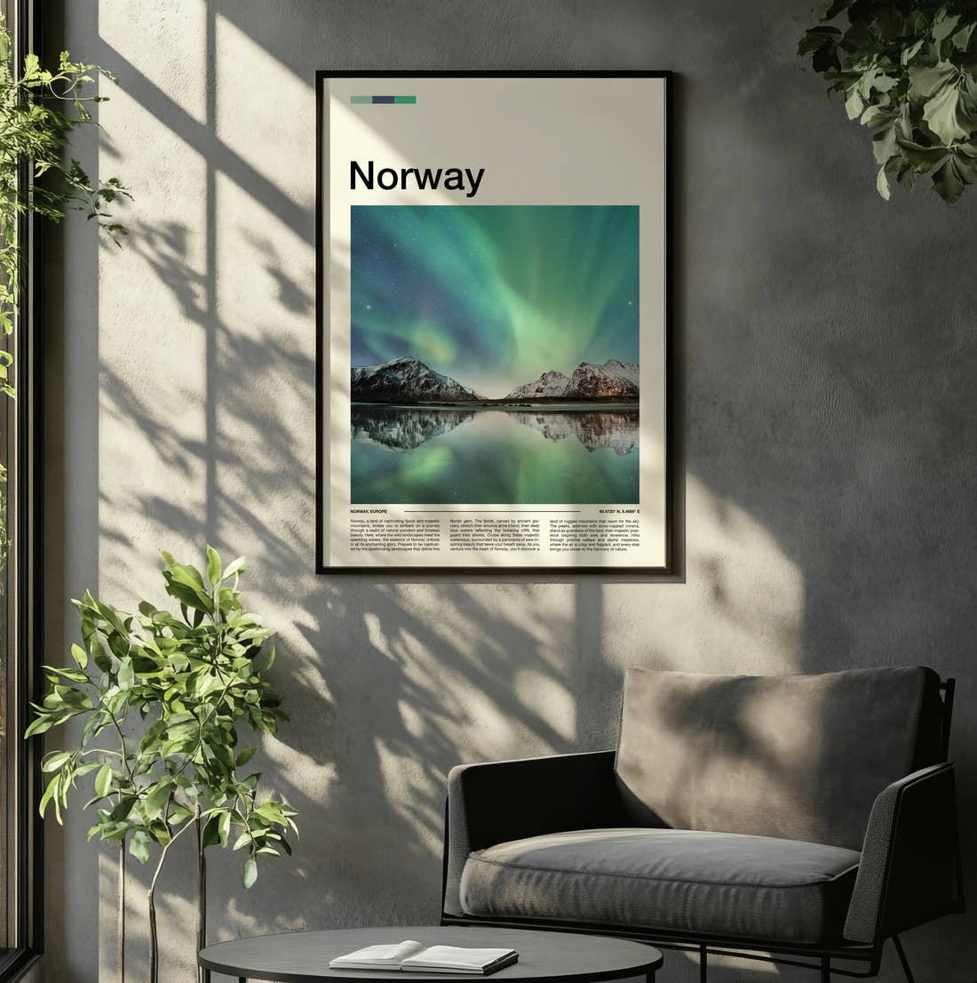 Norway Northern Lights Reflected Travel Print framed on the wall of a relaxed living room
