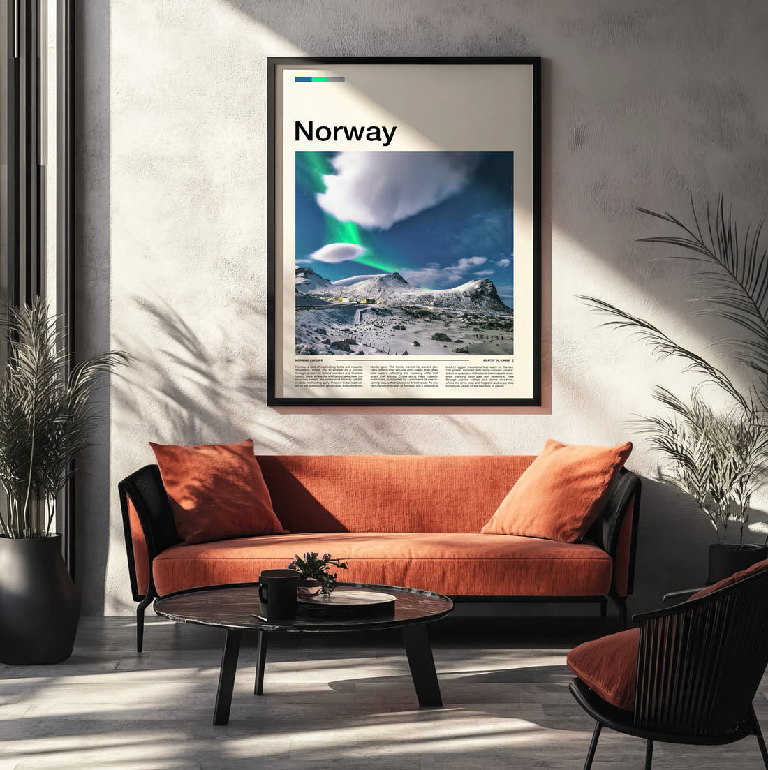 Norway Northern Lights Over Snowy Peaks Travel Print framed on the wall of a modern living room