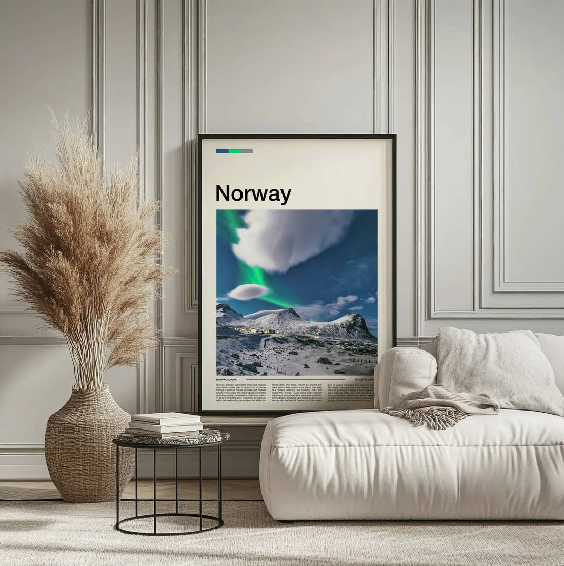 Norway Northern Lights Over Snowy Peaks Travel Print framed on the wall of a calm, neutral bedroom