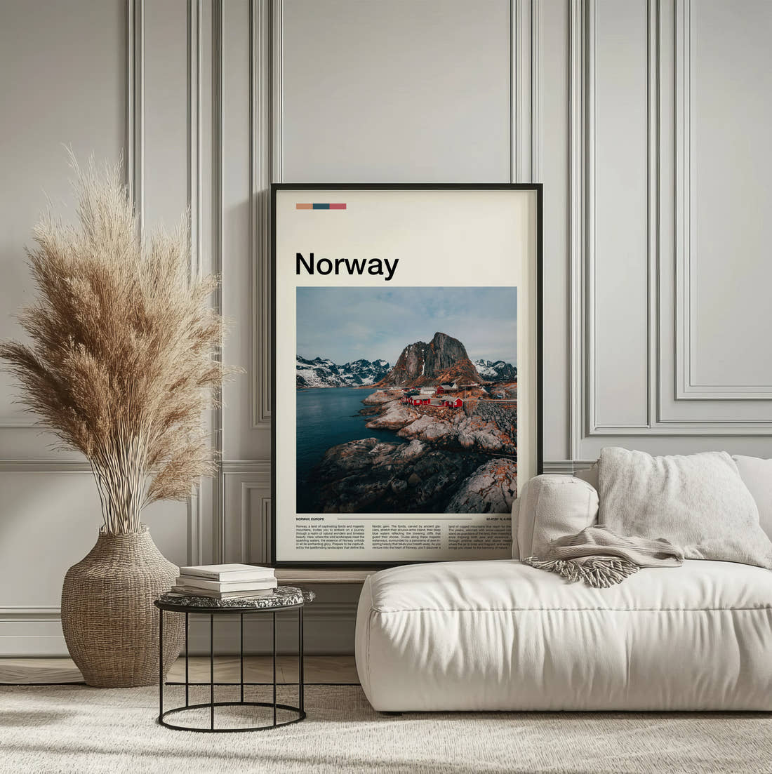 Norway Red Fishing Cabins Travel Print framed on the wall of a calm, neutral bedroom