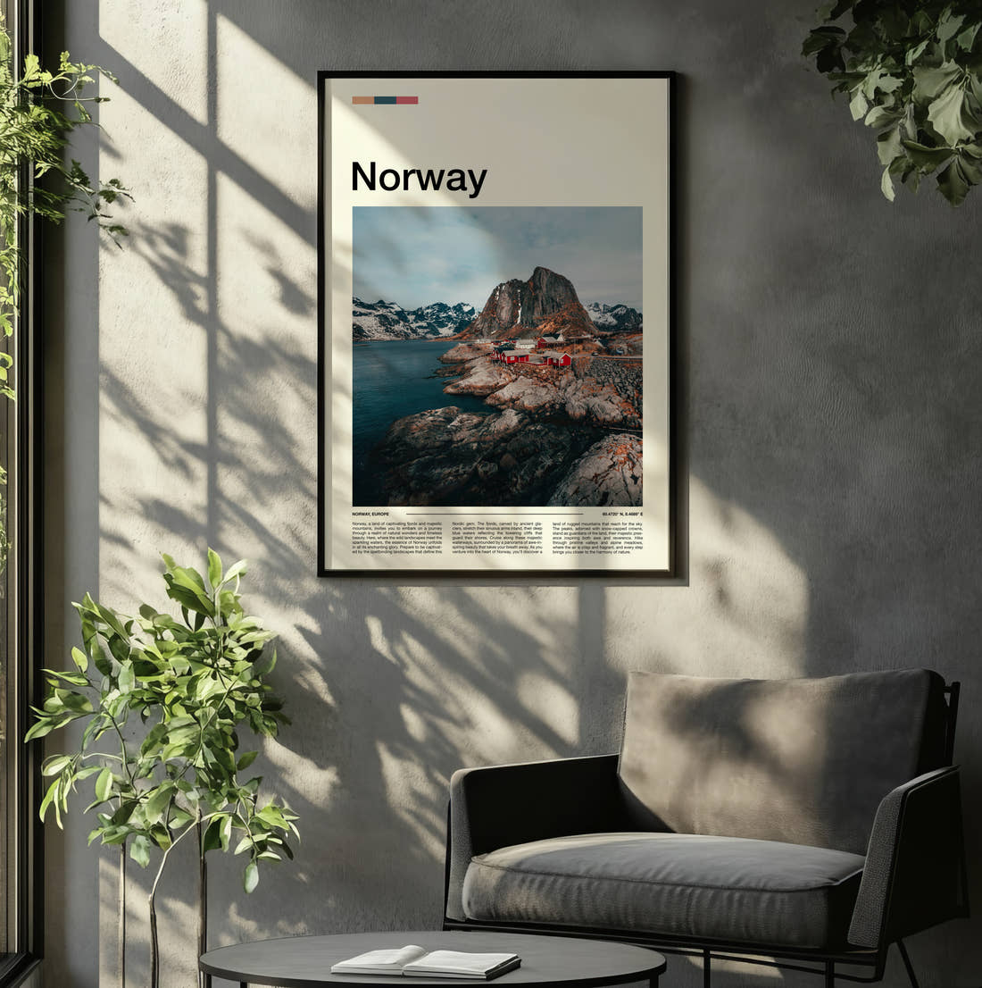 Norway Red Fishing Cabins Travel Print framed on the wall of a relaxed living room