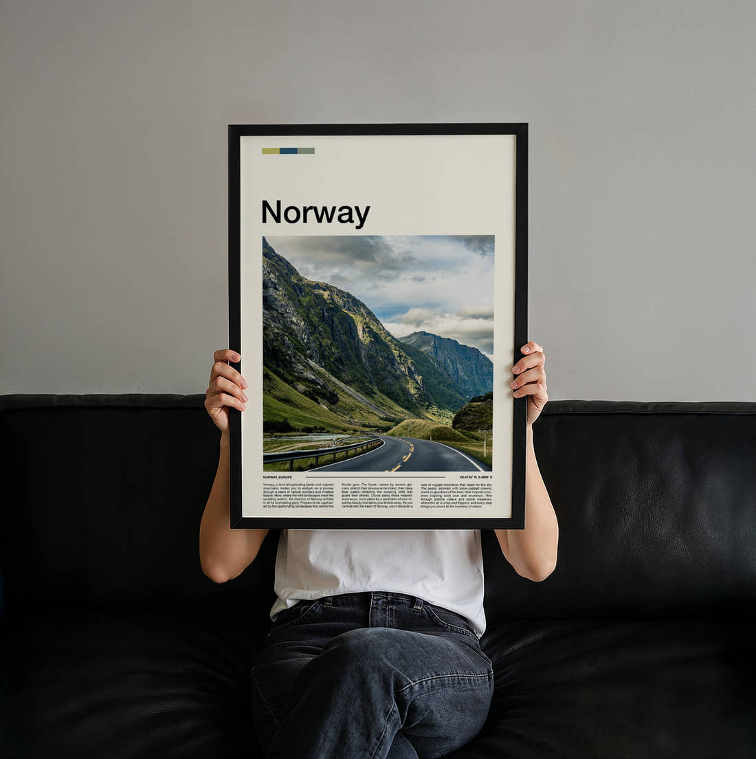 Norway Road Through Green Mountains Travel Print held up by hand to show the size of the print