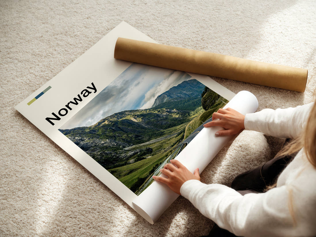 Norway Road Through Green Mountains Travel Print being unrolled from its postal tube