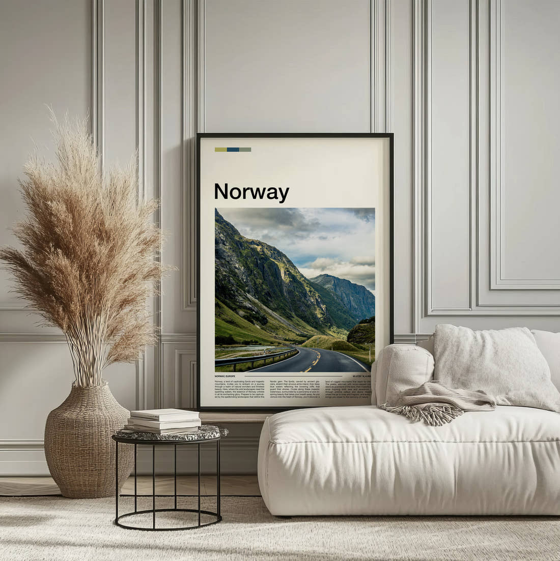 Norway Road Through Green Mountains Travel Print framed on the wall of a calm, neutral bedroom